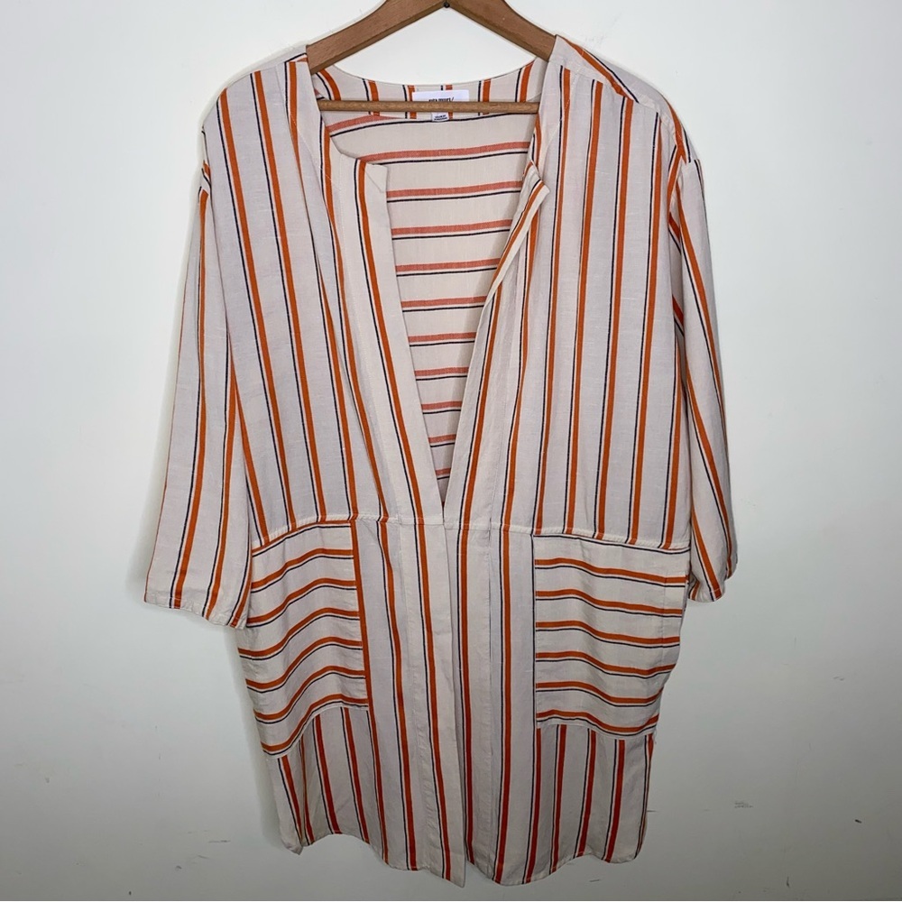 BOGO Sita Murt Striped Open-Front Tan & White Women’s Blouse